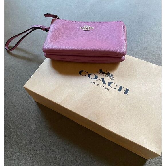 NWT COACH Double Zip Pink Pebbled Leather Wristlet Wallet AUTHENTIC
